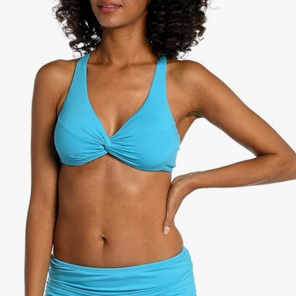 La Blanca Island Goddess Over The Shoulder Underwire Wrap Swimsuit Top in Azul